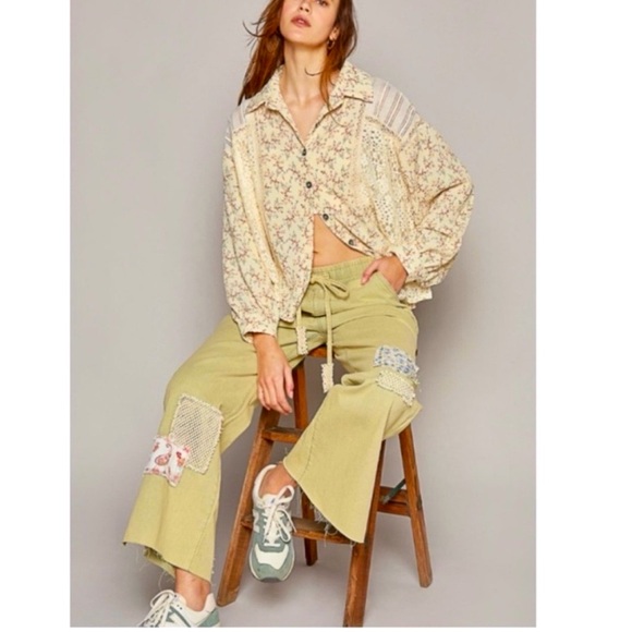 POL floral top - patch top - lace crochet button down top medium/large Boutique - Picture 5 of 11